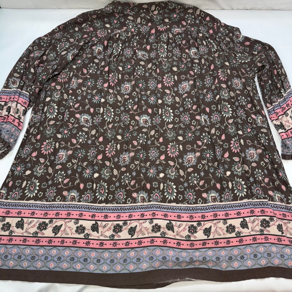 Natural Life Floral Paisley Boho Mini Dress Womens Large Brown Rayon Tie Neck - Picture 4 of 10